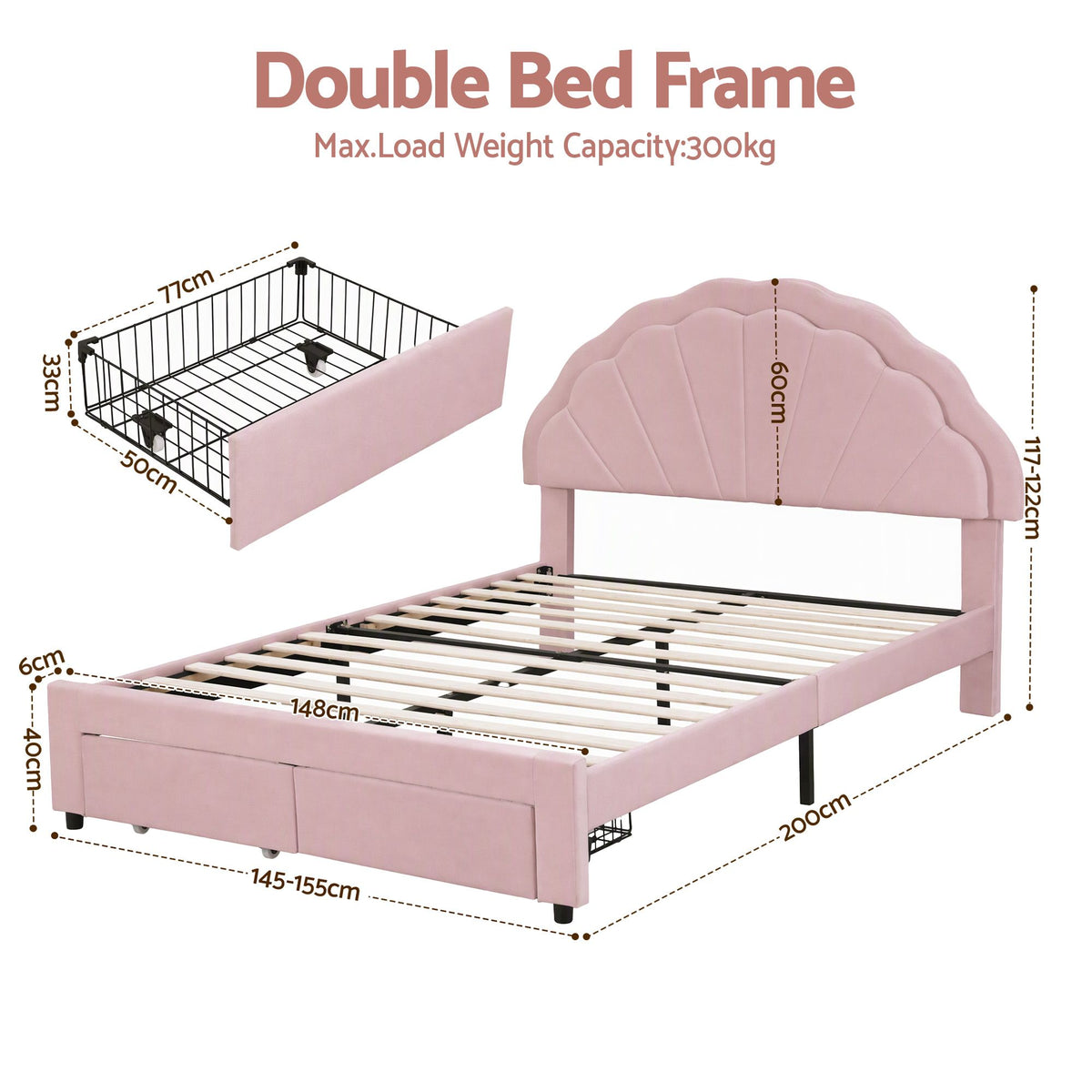 Artiss Double Bed Frame with 2 Storage Drawers Upholstered Velvet Platform Bed LED Headboard Pink