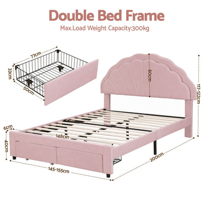 Artiss Double Bed Frame with 2 Storage Drawers Upholstered Velvet Platform Bed LED Headboard Pink