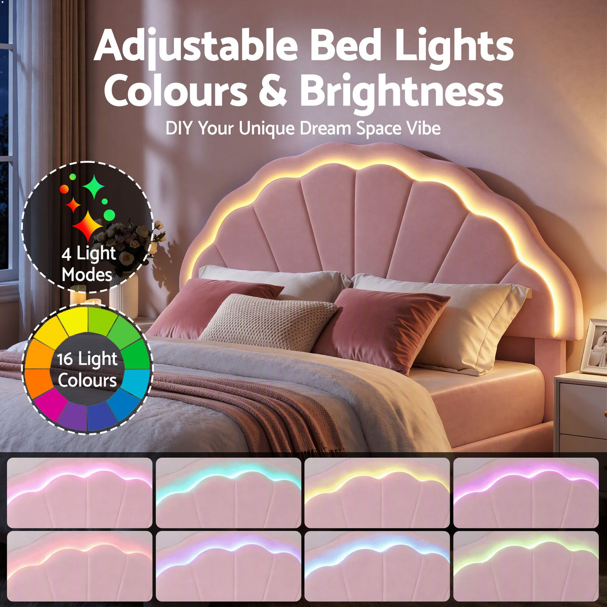 Artiss Double Bed Frame with 2 Storage Drawers Upholstered Velvet Platform Bed LED Headboard Pink