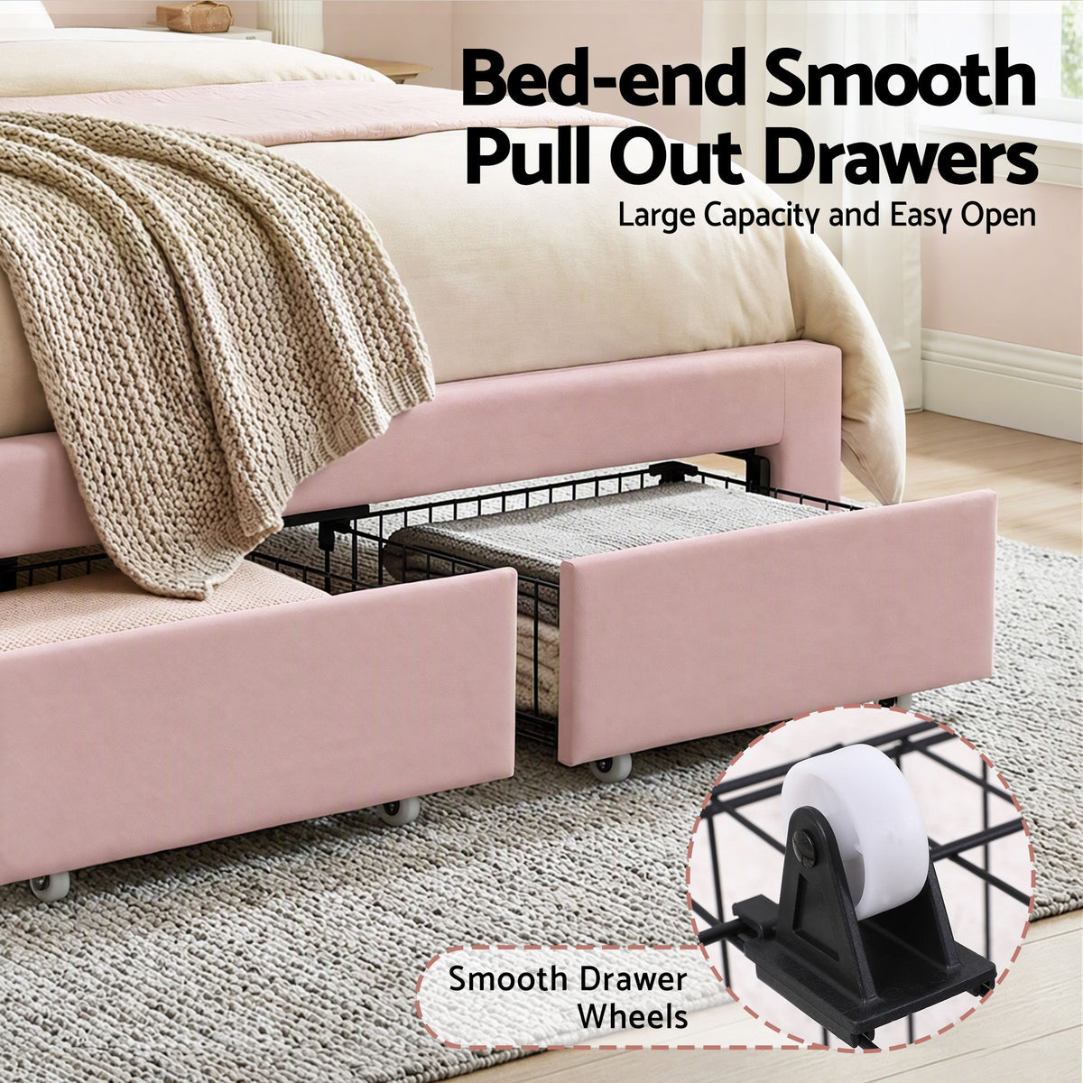 Artiss Double Bed Frame with 2 Storage Drawers Upholstered Velvet Platform Bed LED Headboard Pink