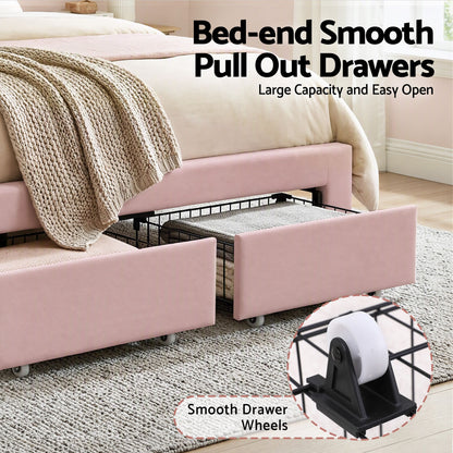 Artiss Double Bed Frame with 2 Storage Drawers Upholstered Velvet Platform Bed LED Headboard Pink
