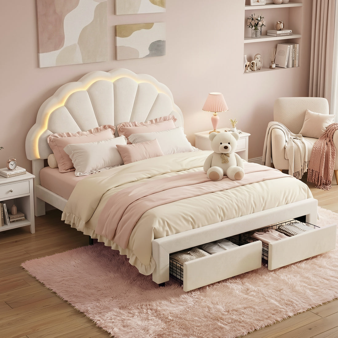 Artiss Double Bed Frame with 2 Storage Drawers Upholstered Velvet Platform Bed LED Headboard-Furniture > Bedroom > Beds &amp; Bed Frames-PEROZ Accessories