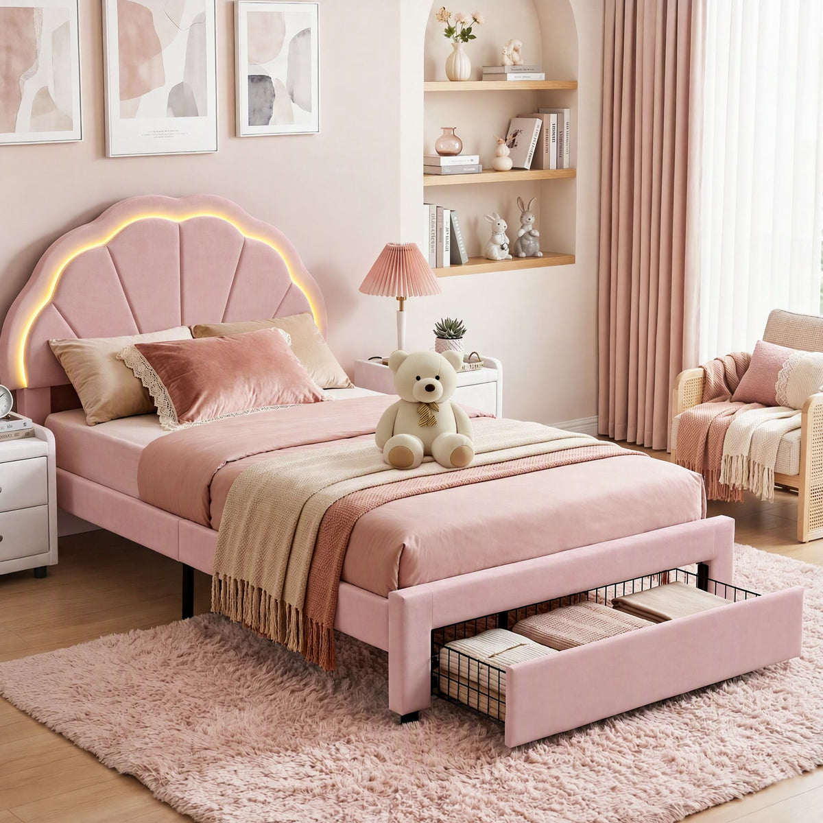 Artiss King Single Bed Frame with 1 Storage Drawers Upholstered Velvet Platform Bed LED Headboard Pink