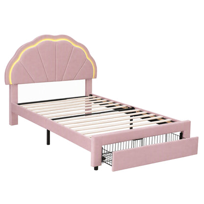 Artiss King Single Bed Frame with 1 Storage Drawers Upholstered Velvet Platform Bed LED Headboard Pink