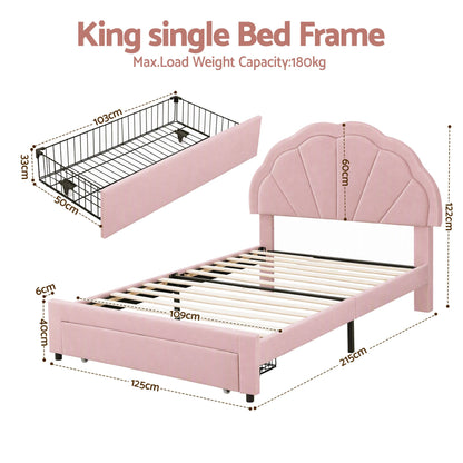 Artiss King Single Bed Frame with 1 Storage Drawers Upholstered Velvet Platform Bed LED Headboard Pink