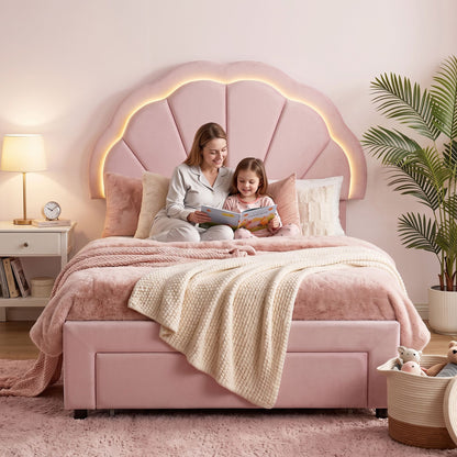 Artiss King Single Bed Frame with 1 Storage Drawers Upholstered Velvet Platform Bed LED Headboard Pink