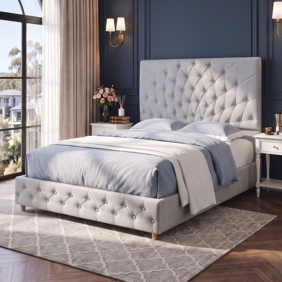Artiss Double Bed Frame with Tufted Headboard and Plywood Slats Grey-Furniture > Bedroom > Beds &amp; Bed Frames-PEROZ Accessories