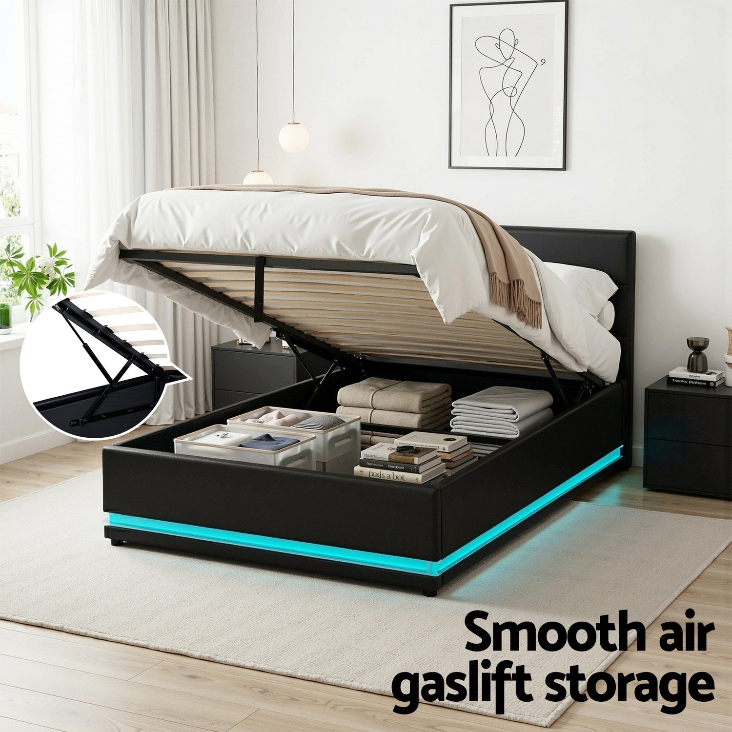 Artiss RGB LED Bed Frame King Single Size Gas Lift Base Storage Leather LUMI