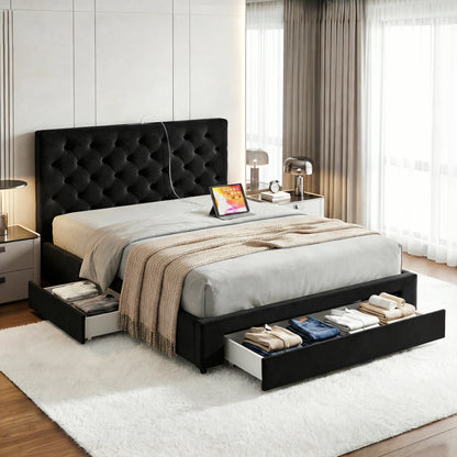 Artiss Double Bed Frame Storage Charging Station Upholstered 3 Drawers USB Type-C-Furniture > Bedroom > Beds &amp; Bed Frames-PEROZ Accessories