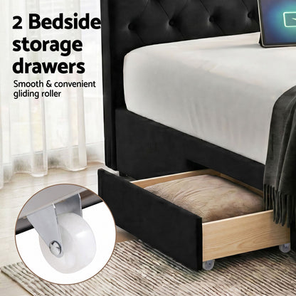 Artiss King Bed Frame Storage Charging Station Upholstered 3 Drawers USB Type-C-Furniture > Bedroom > Beds &amp; Bed Frames-PEROZ Accessories