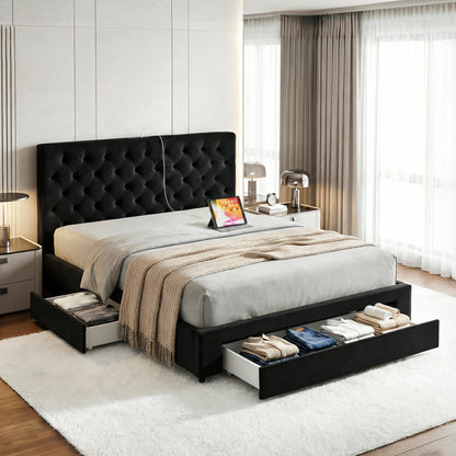 Artiss King Bed Frame Storage Charging Station Upholstered 3 Drawers USB Type-C-Furniture > Bedroom > Beds &amp; Bed Frames-PEROZ Accessories