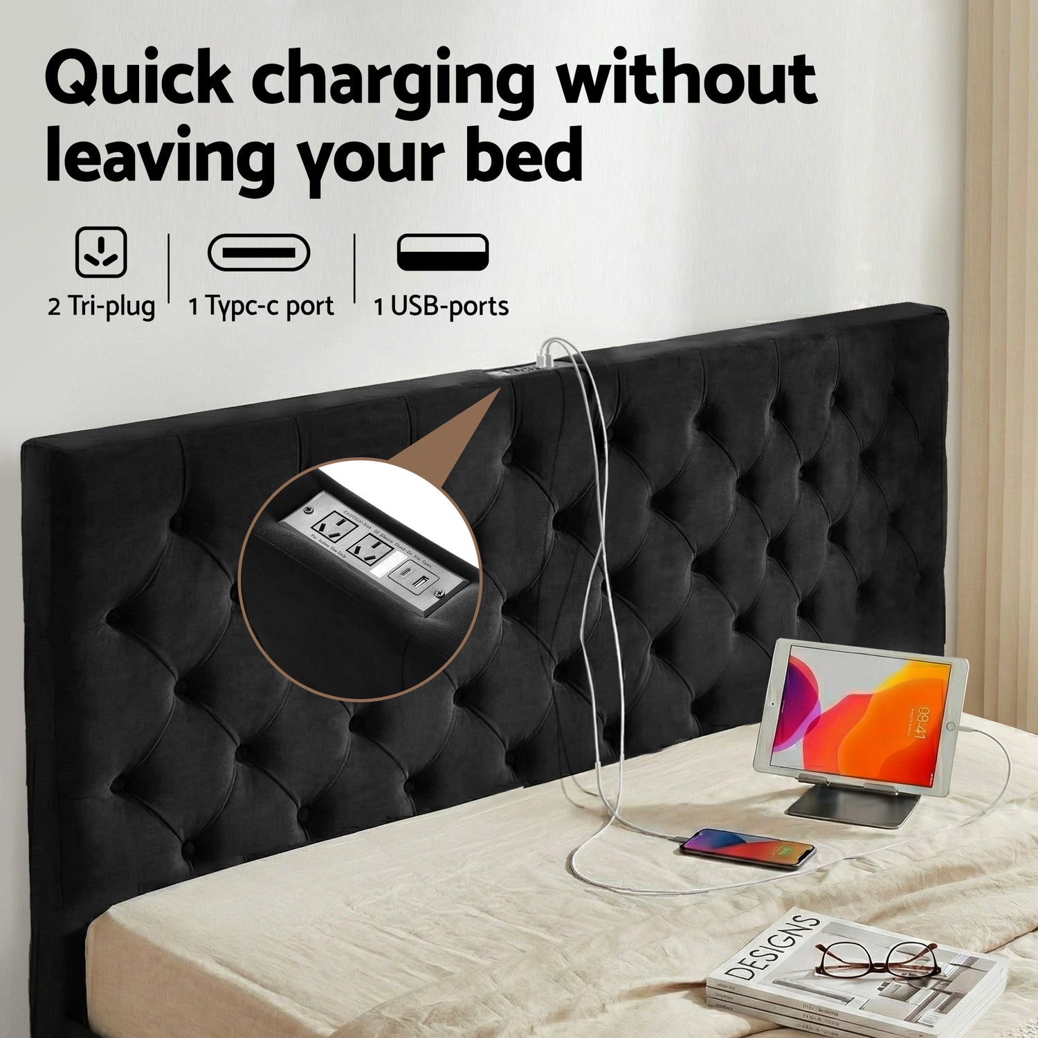 Artiss King Bed Frame Storage Charging Station Upholstered 3 Drawers USB Type-C-Furniture > Bedroom > Beds &amp; Bed Frames-PEROZ Accessories