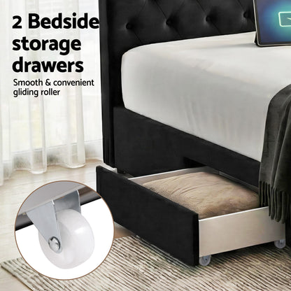 Artiss King Bed Frame Storage Charging Station Upholstered 3 Drawers USB Type-C-Furniture > Bedroom > Beds &amp; Bed Frames-PEROZ Accessories