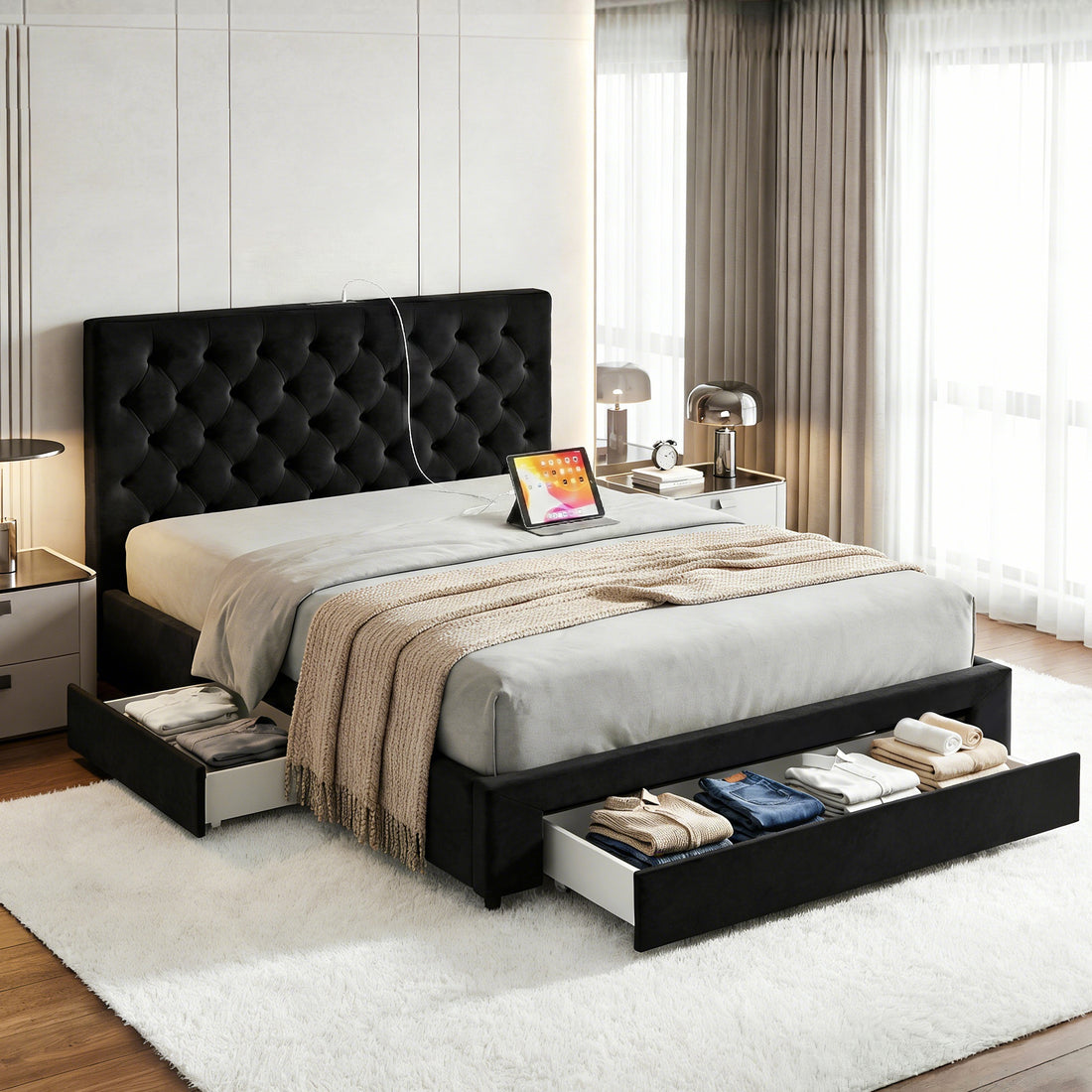 Artiss Queen Bed Frame Storage Charging Station Upholstered 3 Drawers USB Type-C-Furniture > Bedroom > Beds &amp; Bed Frames-PEROZ Accessories