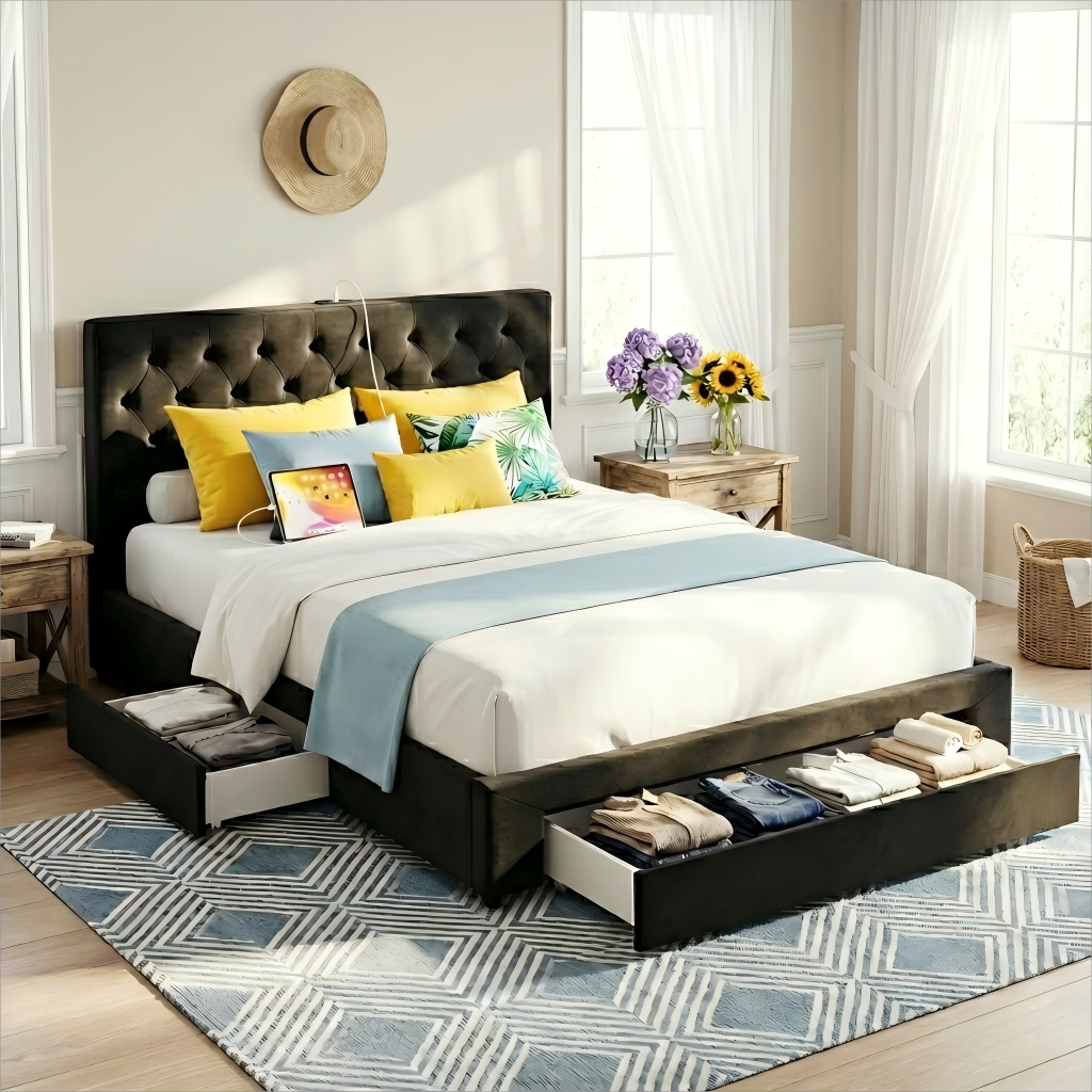 Artiss Queen Bed Frame Storage Charging Station Upholstered 3 Drawers USB Type-C-Furniture > Bedroom > Beds &amp; Bed Frames-PEROZ Accessories