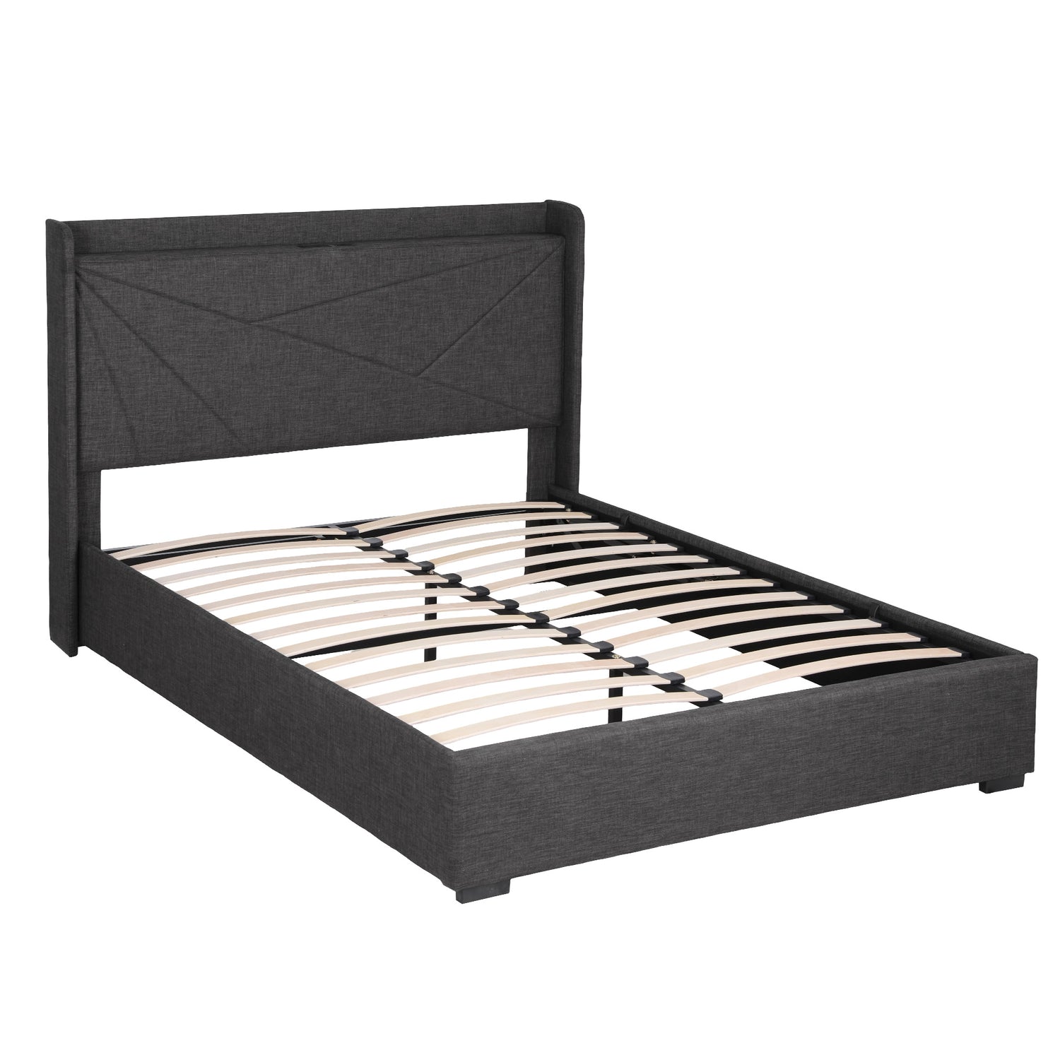 Artiss Double Bed Frame Gas Lift Storage Bed with Charging Ports Upholstered Geometric Headboard Charcoal Grey-Furniture > Bedroom > Beds &amp; Bed Frames-PEROZ Accessories