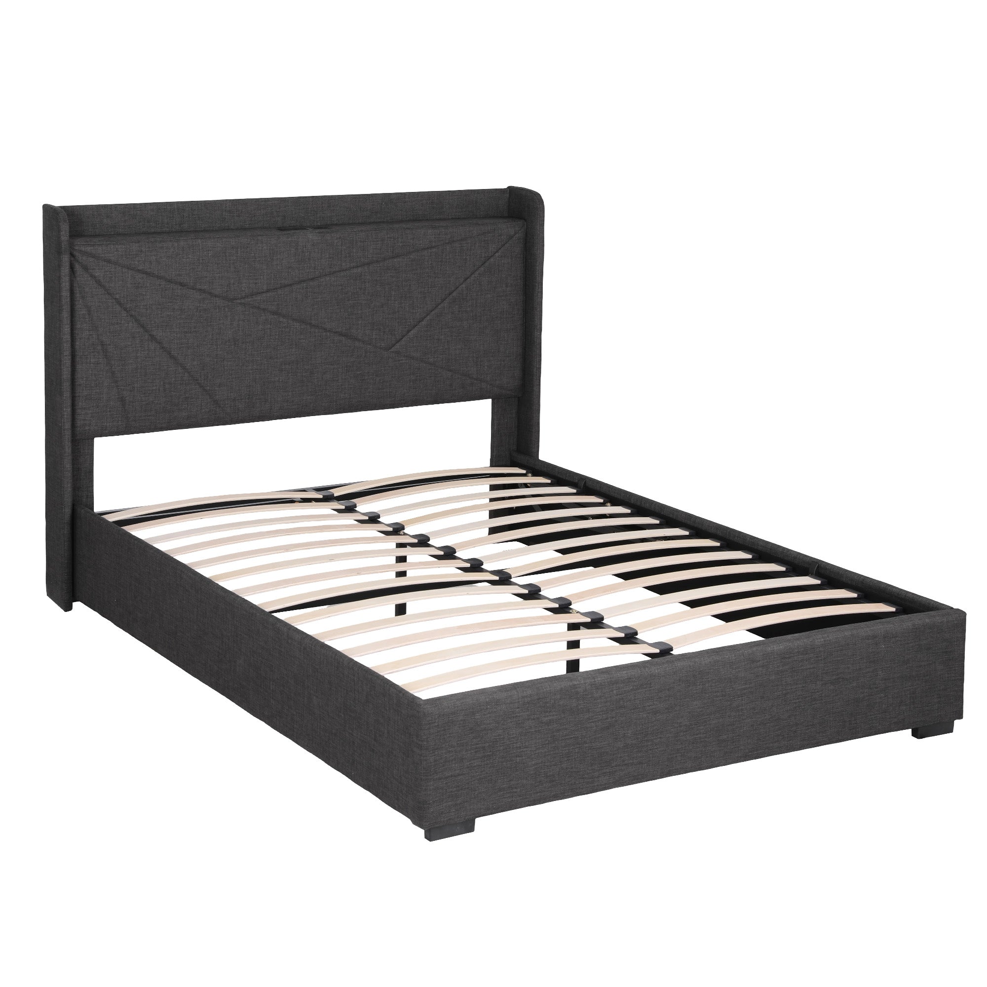 Artiss Double Bed Frame Gas Lift Storage Bed with Charging Ports Upholstered Geometric Headboard Charcoal Grey-Furniture > Bedroom > Beds &amp; Bed Frames-PEROZ Accessories
