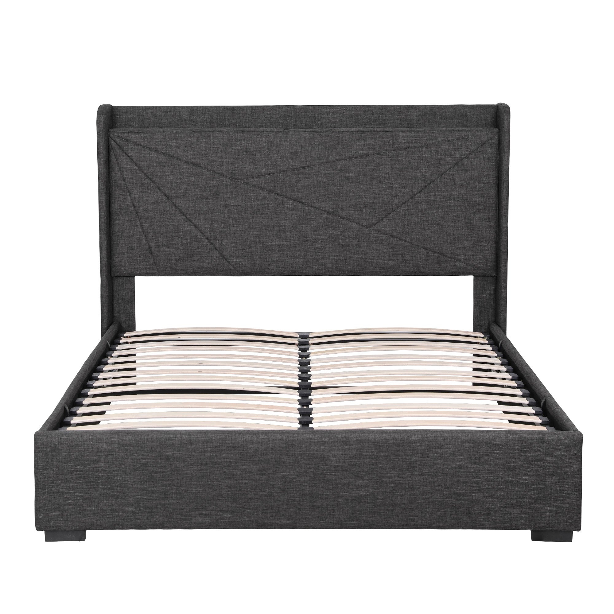 Artiss Double Bed Frame Gas Lift Storage Bed with Charging Ports Upholstered Geometric Headboard Charcoal Grey-Furniture > Bedroom > Beds &amp; Bed Frames-PEROZ Accessories