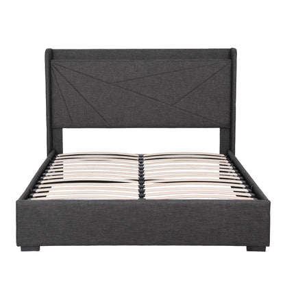 Artiss Double Bed Frame Gas Lift Storage Bed with Charging Ports Upholstered Geometric Headboard Charcoal Grey-Furniture > Bedroom > Beds &amp; Bed Frames-PEROZ Accessories