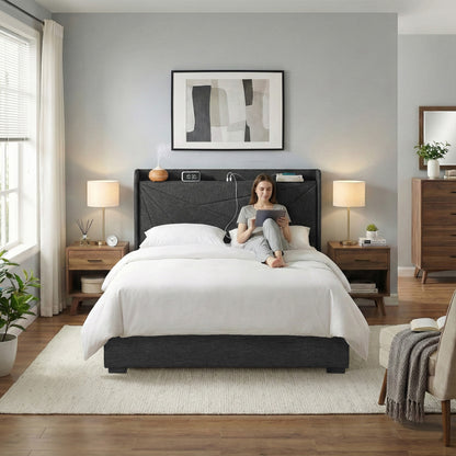 Artiss Double Bed Frame Gas Lift Storage Bed with Charging Ports Upholstered Geometric Headboard Charcoal Grey-Furniture > Bedroom > Beds &amp; Bed Frames-PEROZ Accessories