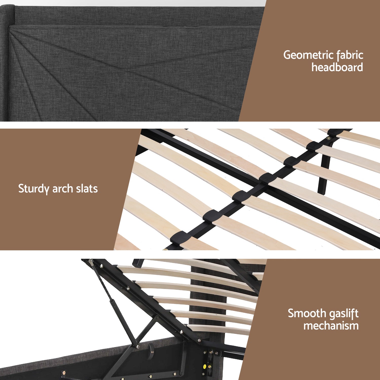 Artiss Double Bed Frame Gas Lift Storage Bed with Charging Ports Upholstered Geometric Headboard Charcoal Grey-Furniture > Bedroom > Beds &amp; Bed Frames-PEROZ Accessories