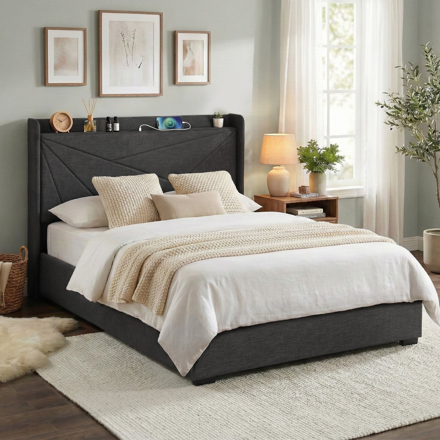 Artiss Double Bed Frame Gas Lift Storage Bed with Charging Ports Upholstered Geometric Headboard Charcoal Grey-Furniture > Bedroom > Beds &amp; Bed Frames-PEROZ Accessories