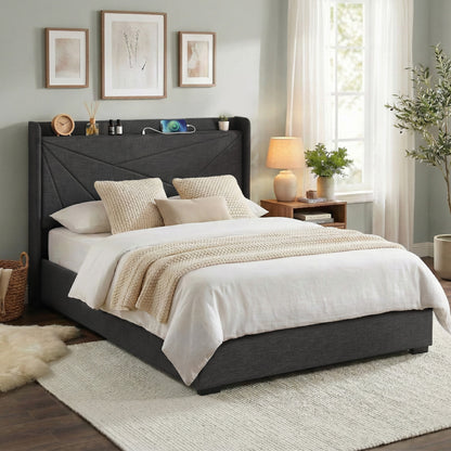 Artiss Double Bed Frame Gas Lift Storage Bed with Charging Ports Upholstered Geometric Headboard Charcoal Grey-Furniture > Bedroom > Beds &amp; Bed Frames-PEROZ Accessories