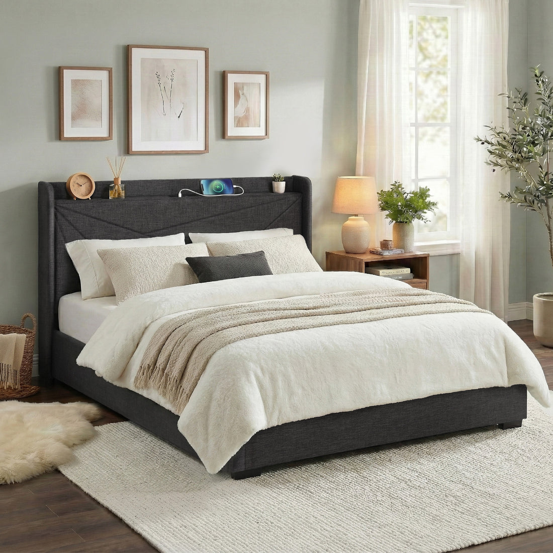 Artiss King Bed Frame Gas Lift Storage Bed with Charging Ports Upholstered Geometric Headboard Charcoal Grey-Furniture > Bedroom > Beds &amp; Bed Frames-PEROZ Accessories