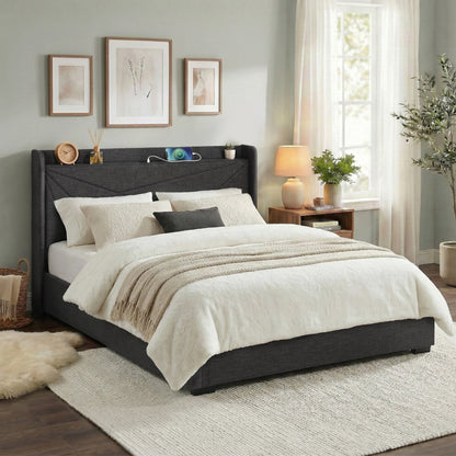 Artiss King Bed Frame Gas Lift Storage Bed with Charging Ports Upholstered Geometric Headboard Charcoal Grey-Furniture > Bedroom > Beds &amp; Bed Frames-PEROZ Accessories