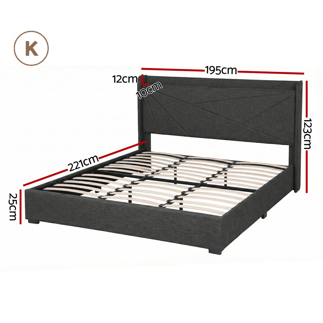 Artiss King Bed Frame Gas Lift Storage Bed with Charging Ports Upholstered Geometric Headboard Charcoal Grey-Furniture > Bedroom > Beds &amp; Bed Frames-PEROZ Accessories
