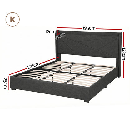 Artiss King Bed Frame Gas Lift Storage Bed with Charging Ports Upholstered Geometric Headboard Charcoal Grey-Furniture > Bedroom > Beds &amp; Bed Frames-PEROZ Accessories