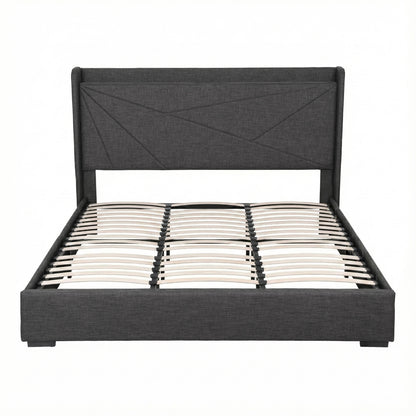 Artiss King Bed Frame Gas Lift Storage Bed with Charging Ports Upholstered Geometric Headboard Charcoal Grey-Furniture > Bedroom > Beds &amp; Bed Frames-PEROZ Accessories