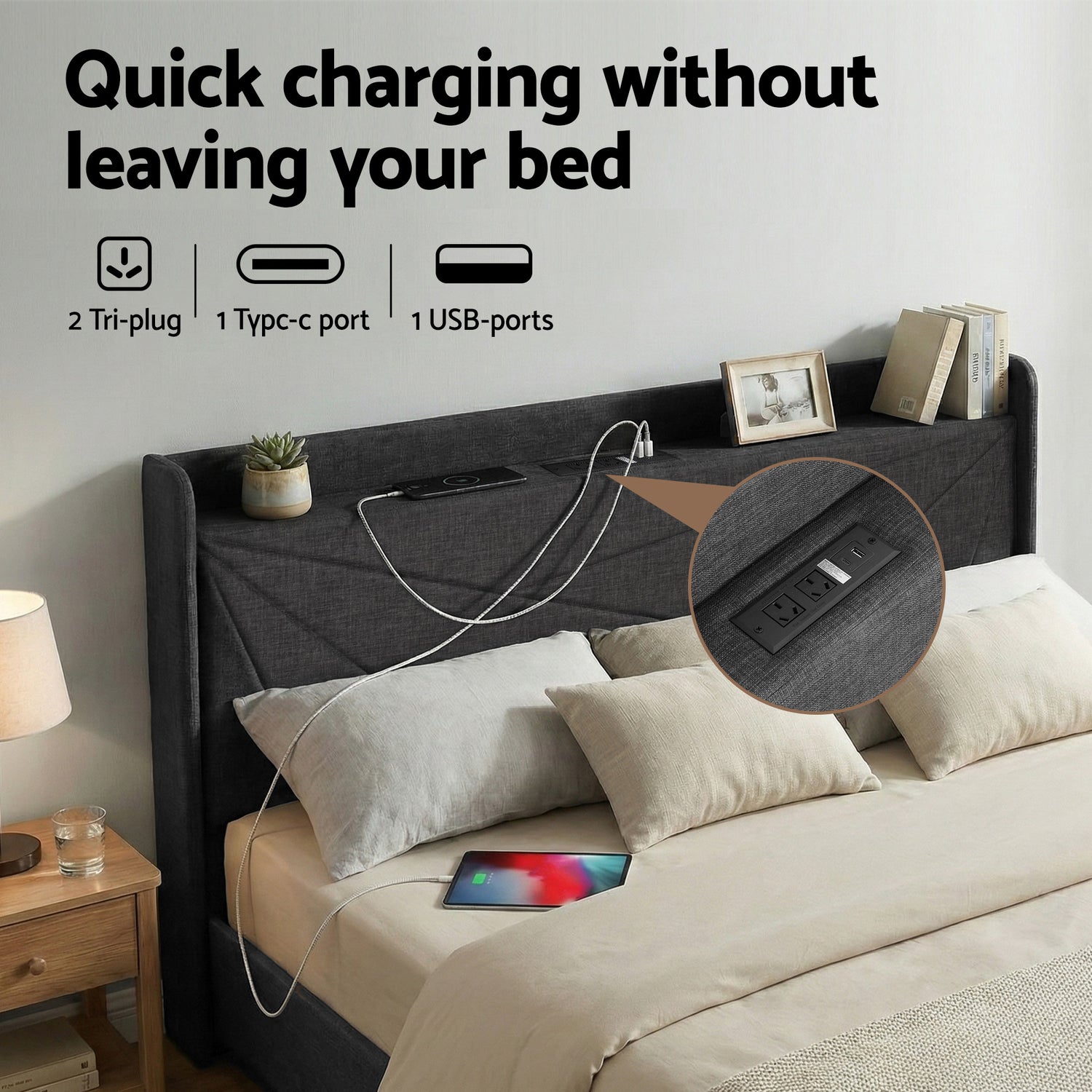 Artiss King Bed Frame Gas Lift Storage Bed with Charging Ports Upholstered Geometric Headboard Charcoal Grey-Furniture > Bedroom > Beds &amp; Bed Frames-PEROZ Accessories
