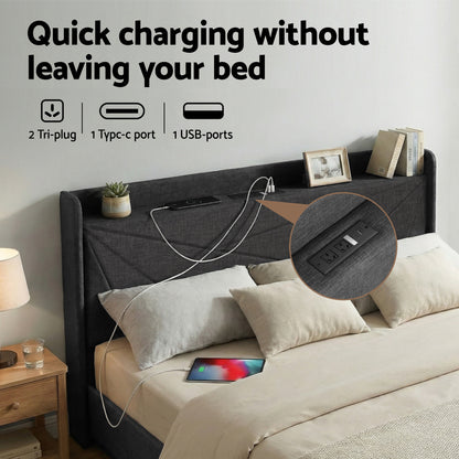 Artiss King Bed Frame Gas Lift Storage Bed with Charging Ports Upholstered Geometric Headboard Charcoal Grey-Furniture > Bedroom > Beds &amp; Bed Frames-PEROZ Accessories