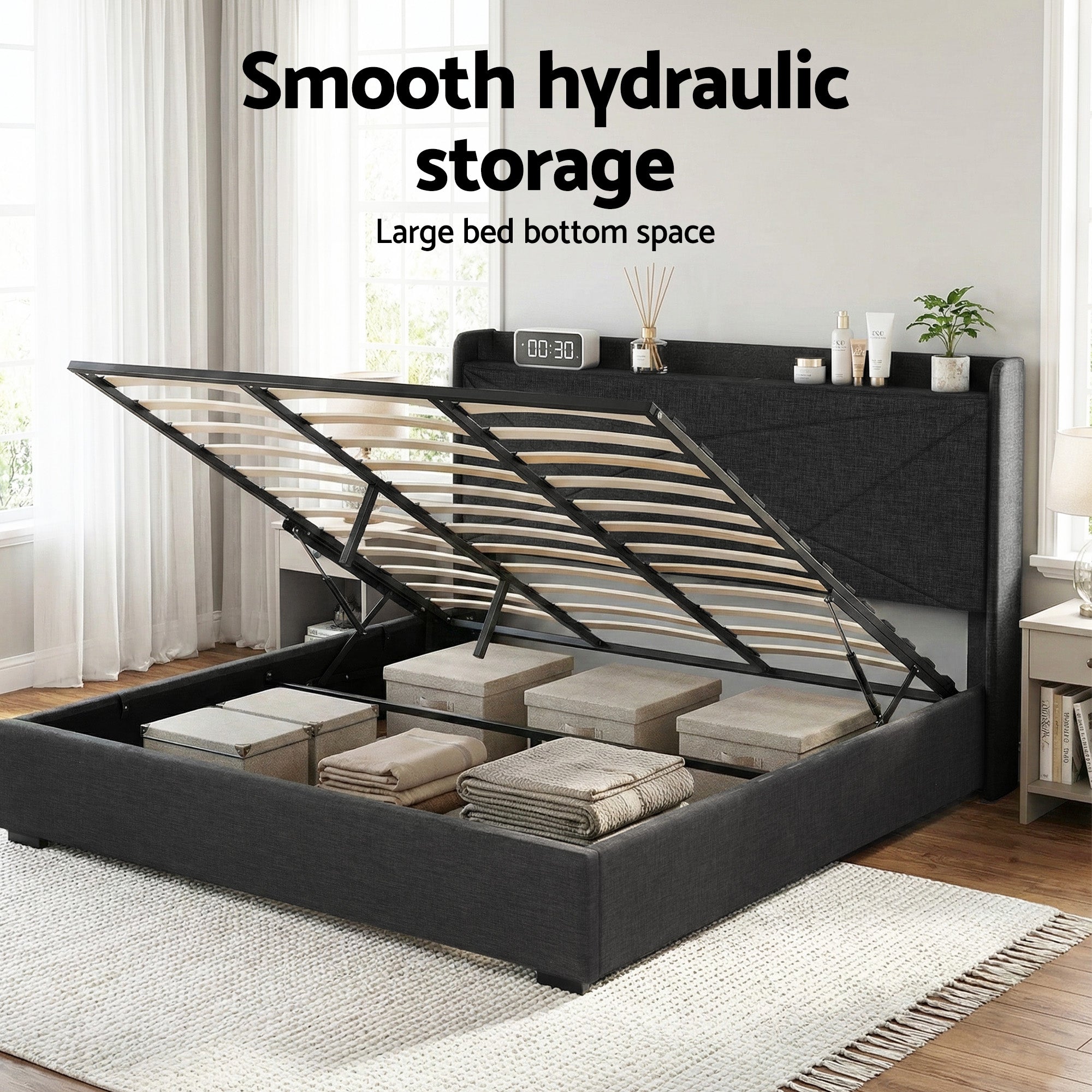 Artiss King Bed Frame Gas Lift Storage Bed with Charging Ports Upholstered Geometric Headboard Charcoal Grey-Furniture > Bedroom > Beds &amp; Bed Frames-PEROZ Accessories