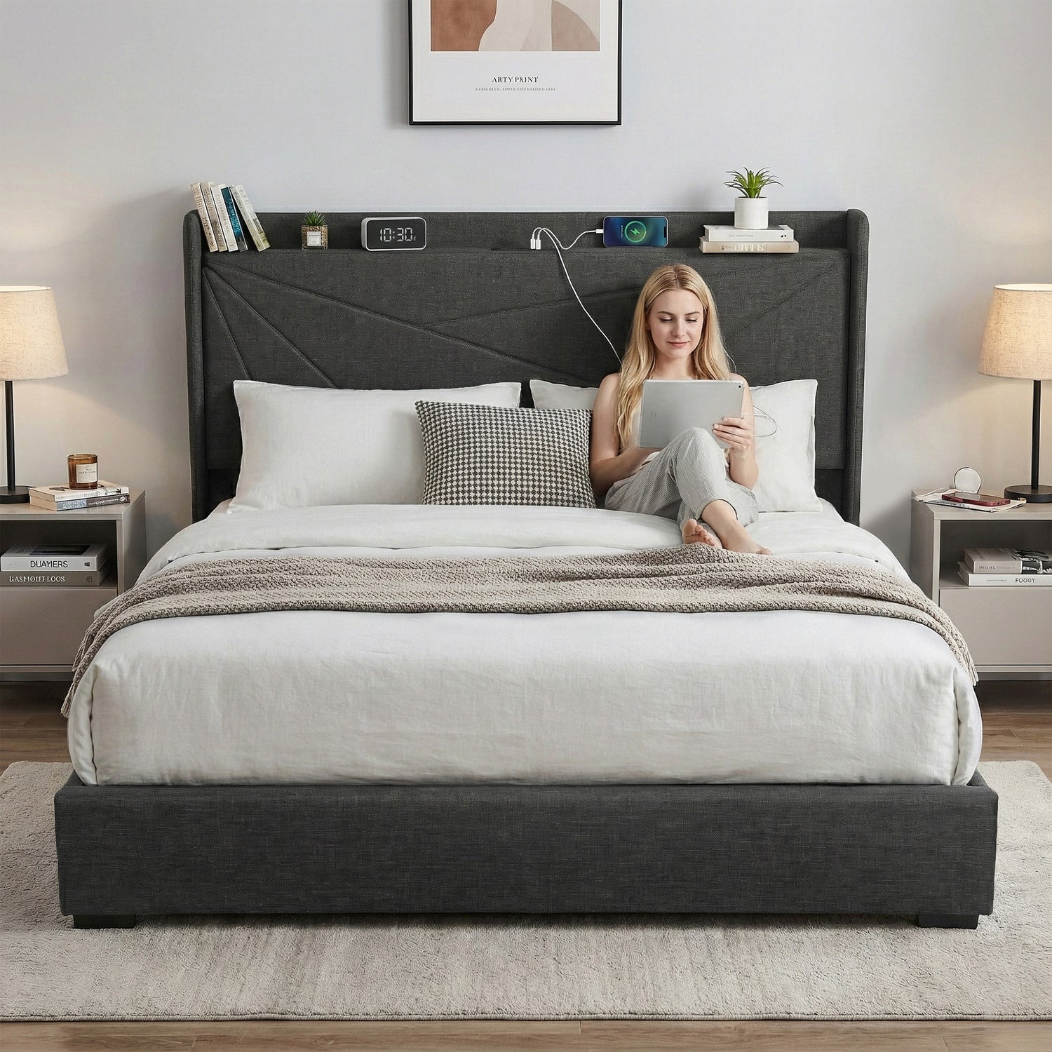 Artiss King Bed Frame Gas Lift Storage Bed with Charging Ports Upholstered Geometric Headboard Charcoal Grey-Furniture > Bedroom > Beds &amp; Bed Frames-PEROZ Accessories