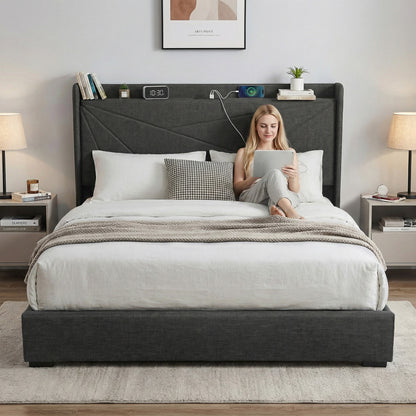Artiss King Bed Frame Gas Lift Storage Bed with Charging Ports Upholstered Geometric Headboard Charcoal Grey-Furniture > Bedroom > Beds &amp; Bed Frames-PEROZ Accessories