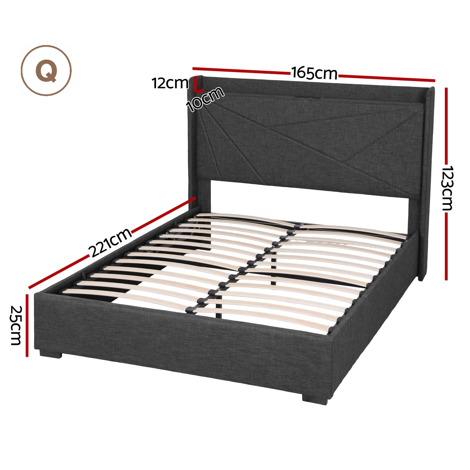 Artiss Queen Bed Frame Gas Lift Storage Bed with Charging Ports Upholstered Geometric Headboard Charcoal Grey-Furniture > Bedroom > Beds &amp; Bed Frames-PEROZ Accessories
