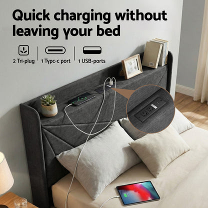 Artiss Queen Bed Frame Gas Lift Storage Bed with Charging Ports Upholstered Geometric Headboard Charcoal Grey-Furniture > Bedroom > Beds &amp; Bed Frames-PEROZ Accessories