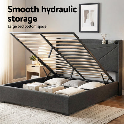 Artiss Queen Bed Frame Gas Lift Storage Bed with Charging Ports Upholstered Geometric Headboard Charcoal Grey-Furniture > Bedroom > Beds &amp; Bed Frames-PEROZ Accessories