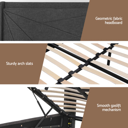 Artiss Queen Bed Frame Gas Lift Storage Bed with Charging Ports Upholstered Geometric Headboard Charcoal Grey-Furniture > Bedroom > Beds &amp; Bed Frames-PEROZ Accessories