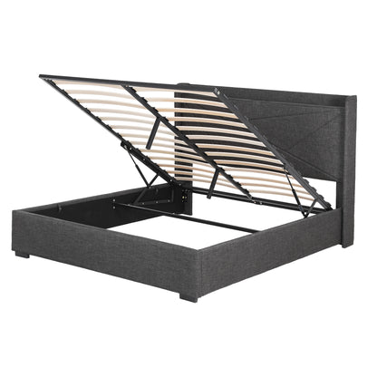 Artiss Queen Bed Frame Gas Lift Storage Bed with Charging Ports Upholstered Geometric Headboard Charcoal Grey-Furniture > Bedroom > Beds &amp; Bed Frames-PEROZ Accessories