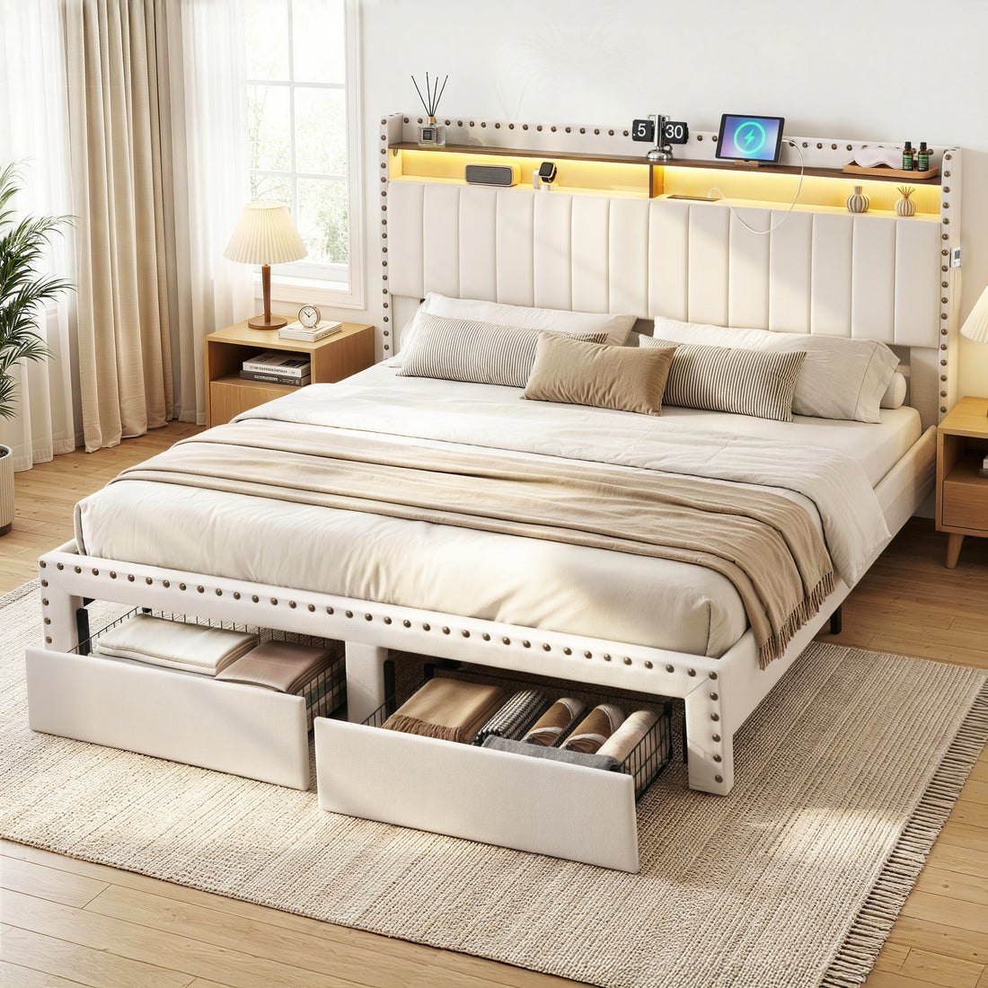 Artiss King Upholstered Bed Frame with Shelf Storage Drawers Charging Station Mood Lighting Linen-Furniture > Bedroom > Beds &amp; Bed Frames-PEROZ Accessories
