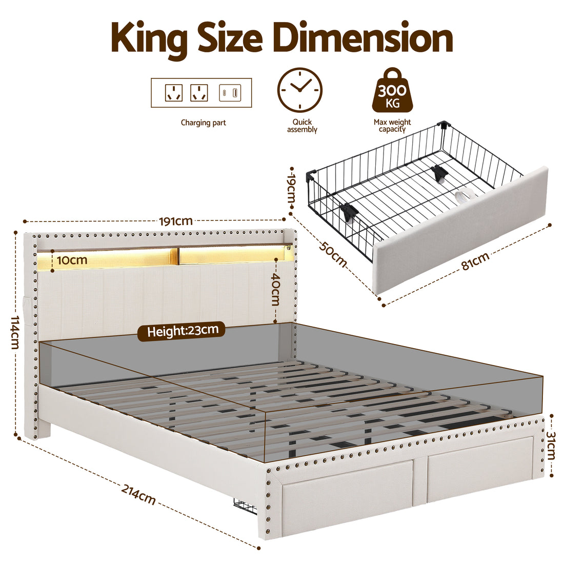 Artiss King Upholstered Bed Frame with Shelf Storage Drawers Charging Station Mood Lighting Linen-Furniture > Bedroom > Beds &amp; Bed Frames-PEROZ Accessories