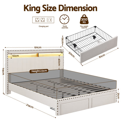 Artiss King Upholstered Bed Frame with Shelf Storage Drawers Charging Station Mood Lighting Linen-Furniture > Bedroom > Beds &amp; Bed Frames-PEROZ Accessories