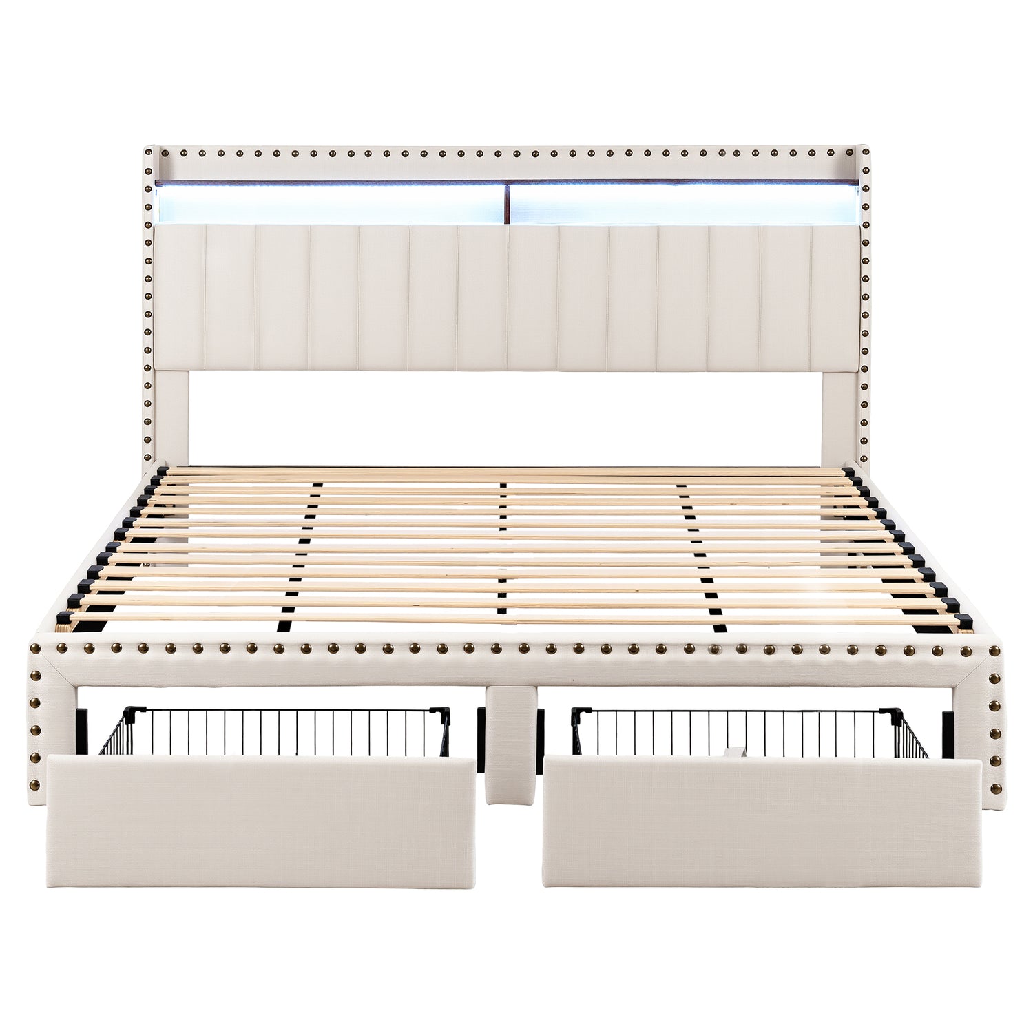 Artiss King Upholstered Bed Frame with Shelf Storage Drawers Charging Station Mood Lighting Linen-Furniture > Bedroom > Beds &amp; Bed Frames-PEROZ Accessories