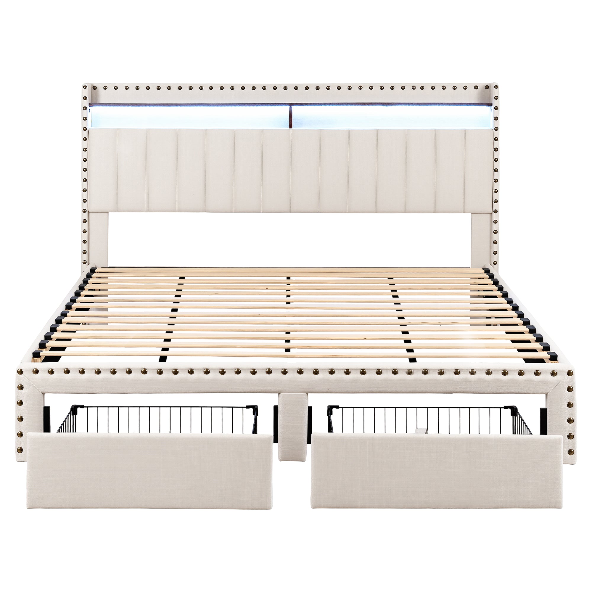 Artiss King Upholstered Bed Frame with Shelf Storage Drawers Charging Station Mood Lighting Linen-Furniture > Bedroom > Beds &amp; Bed Frames-PEROZ Accessories