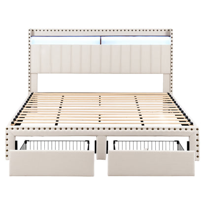 Artiss King Upholstered Bed Frame with Shelf Storage Drawers Charging Station Mood Lighting Linen-Furniture > Bedroom > Beds &amp; Bed Frames-PEROZ Accessories