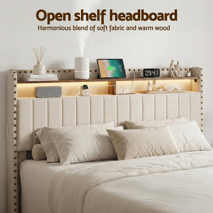 Artiss King Upholstered Bed Frame with Shelf Storage Drawers Charging Station Mood Lighting Linen-Furniture > Bedroom > Beds &amp; Bed Frames-PEROZ Accessories