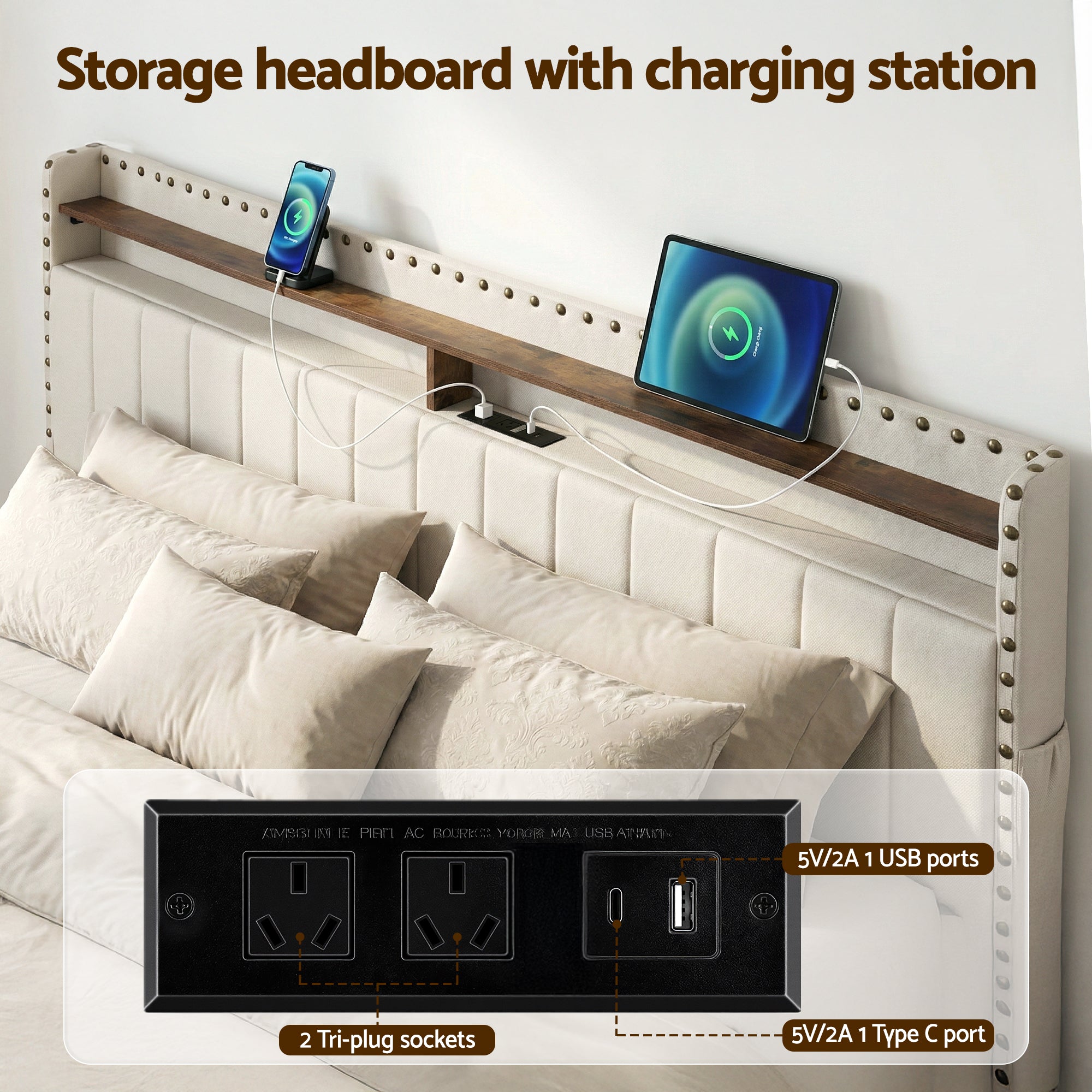 Artiss King Upholstered Bed Frame with Shelf Storage Drawers Charging Station Mood Lighting Linen-Furniture > Bedroom > Beds &amp; Bed Frames-PEROZ Accessories
